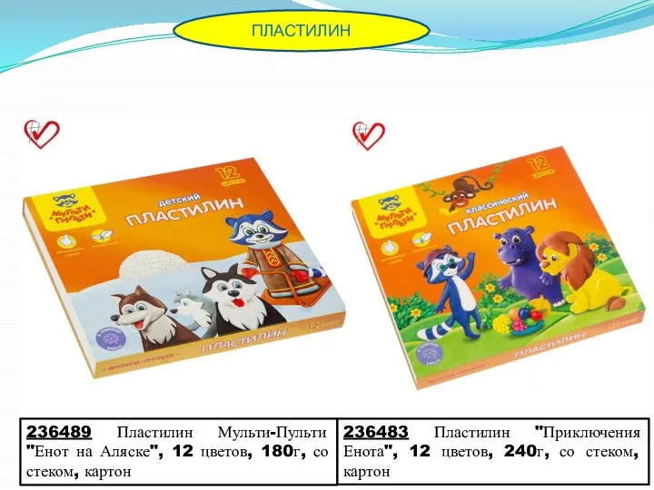 236489 Пластилин Мульти-Пульти "Енот на Аляске", 12 цветов, 180г, со стеком, картон