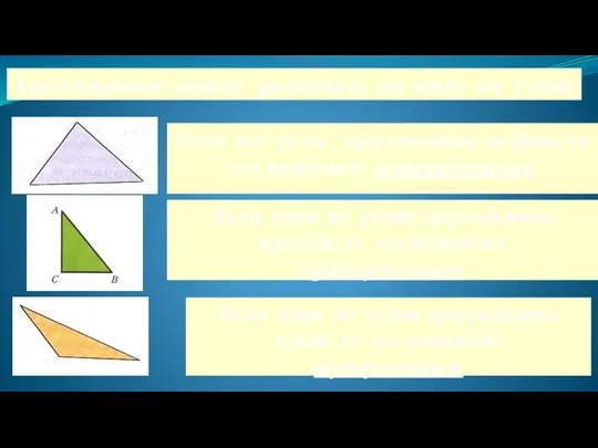 Треугольники можно различать по виду их углов Если все углы треугольника острые,