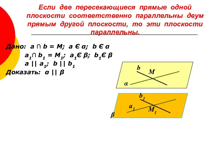 Если две пересекающиеся прямые одной плоскости соответственно параллельны двум прямым другой плоскости,