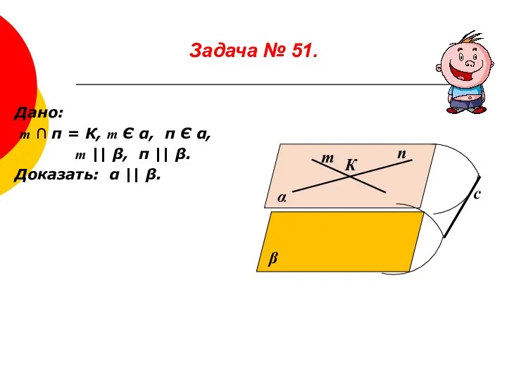 Задача № 51. Дано: т ∩ п = К, т Є α,