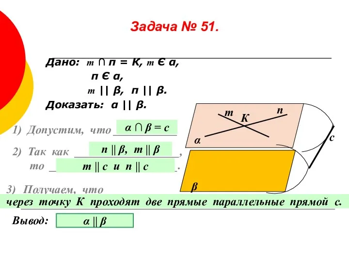 Задача № 51. Дано: т ∩ п = К, т Є α,