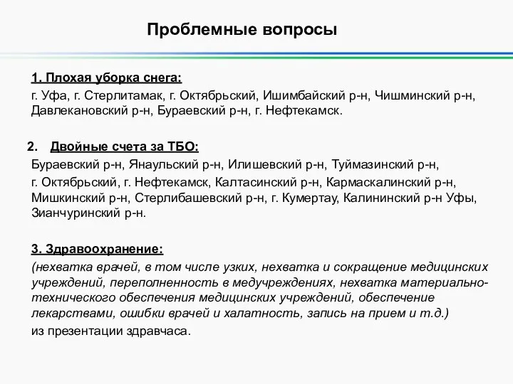 Проблемные вопросы 1. Плохая уборка снега: г. Уфа, г. Стерлитамак, г. Октябрьский,