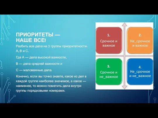 ПРИОРИТЕТЫ — НАШЕ ВСЕ! Разбить все дела на 3 группы приоритетности: А,