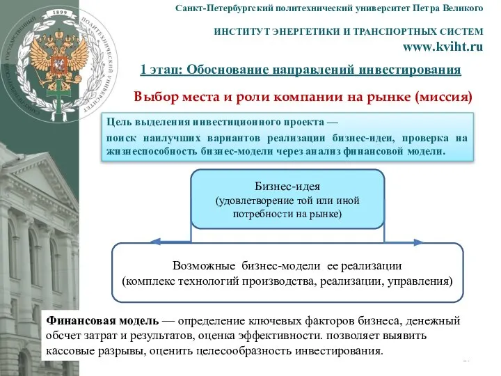 1 этап: Обоснование направлений инвестирования Санкт-Петербургский политехнический университет Петра Великого ИНСТИТУТ ЭНЕРГЕТИКИ