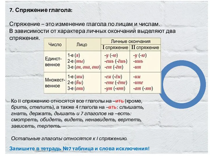 7. Спряжение глагола: Спряжение – это изменение глагола по лицам и числам.