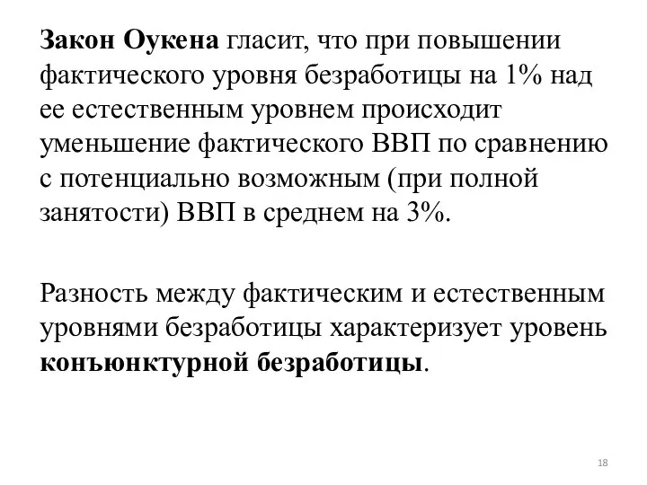 Закон Оукена гласит, что при повышении фактического уровня безработицы на 1% над