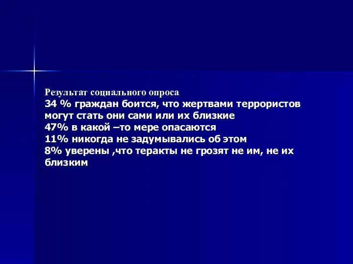 Результат социального опроса 34 % граждан боится, что жертвами террористов могут стать