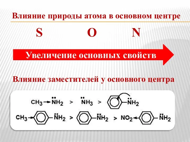 Влияние природы атома в основном центре S О N Влияние заместителей у