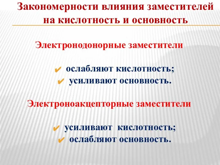 Закономерности влияния заместителей на кислотность и основность Электронодонорные заместители ослабляют кислотность; усиливают