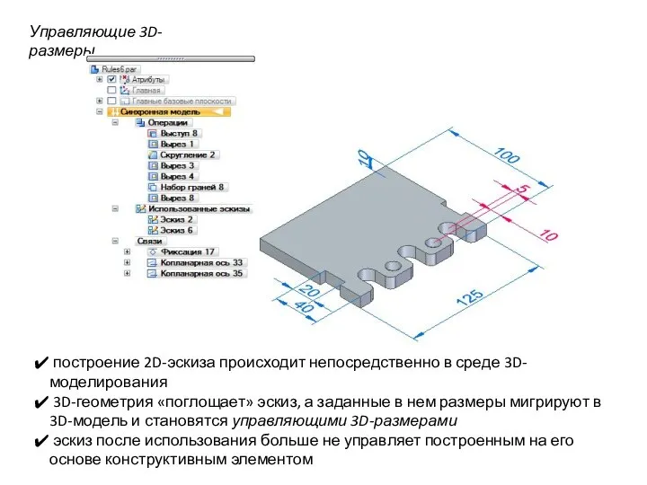 Управляющие 3D-размеры построение 2D-эскиза происходит непосредственно в среде 3D-моделирования 3D-геометрия «поглощает» эскиз,