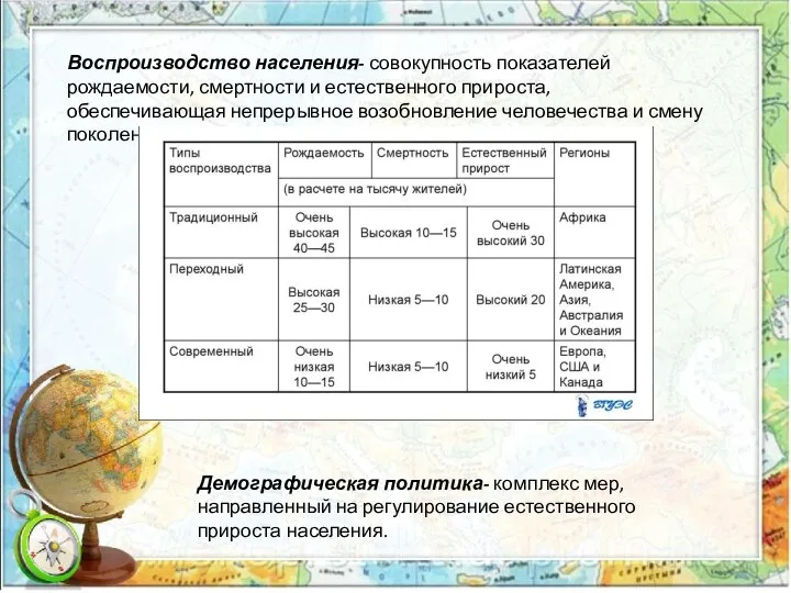 Воспроизводство населения- совокупность показателей рождаемости, смертности и естественного прироста, обеспечивающая непрерывное возобновление