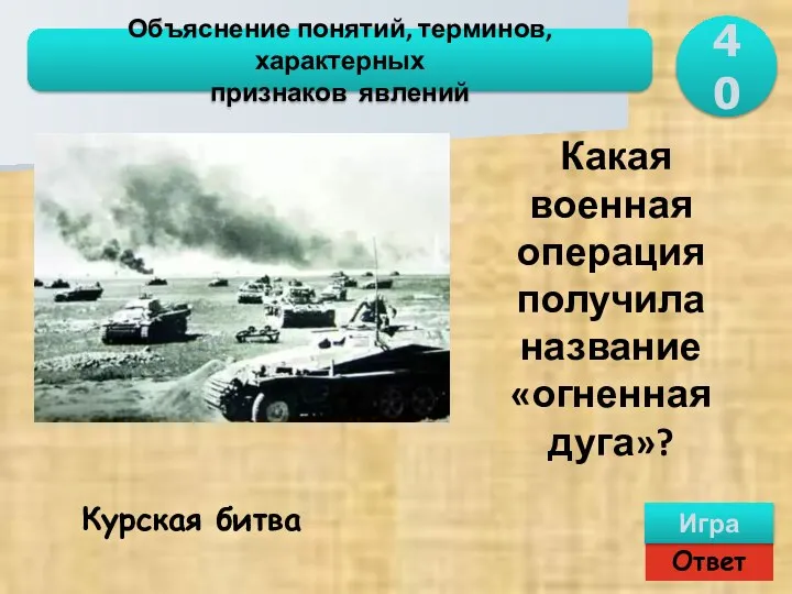 Ответ Игра Объяснение понятий, терминов, характерных признаков явлений Курская битва Какая военная