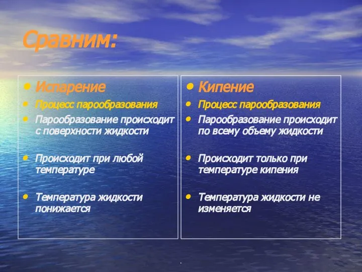 . Сравним: Испарение Процесс парообразования Парообразование происходит с поверхности жидкости Происходит при