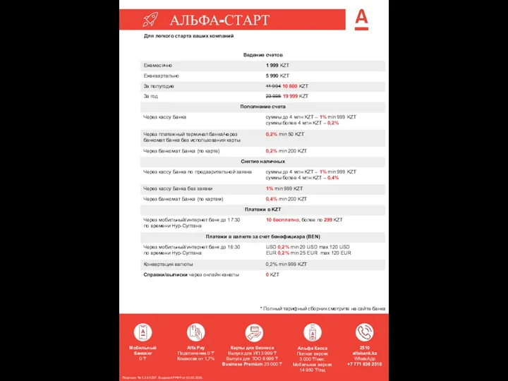 АЛЬФА-СТАРТ Для легкого старта ваших компаний * Полный тарифный сборник смотрите на сайте банка