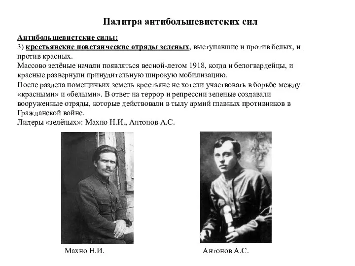 Палитра антибольшевистских сил Антибольшевистские силы: 3) крестьянские повстанческие отряды зеленых, выступавшие и