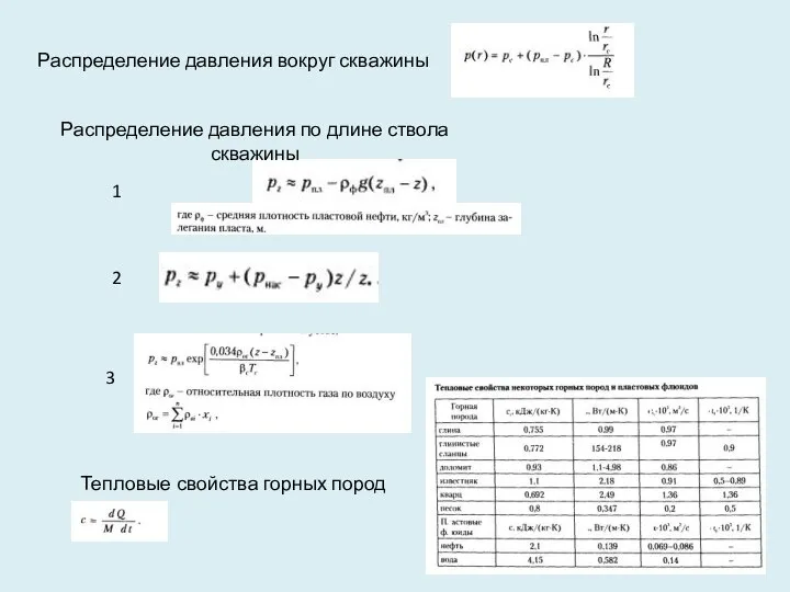 Распределение давления вокруг скважины Распределение давления по длине ствола скважины 1 2