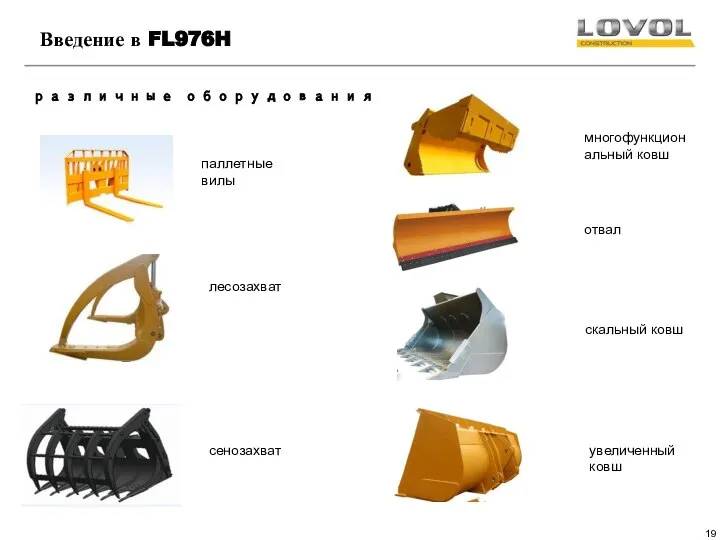 различные оборудования Введение в FL976H паллетные вилы лесозахват сенозахват отвал скальный ковш увеличенный ковш многофункциональный ковш