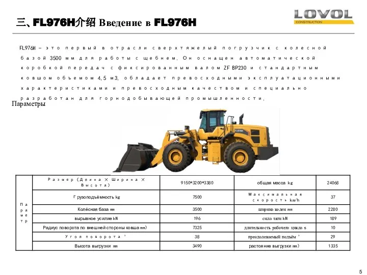 三、FL976H介绍 Введение в FL976H Параметры FL976H - это первый в отрасли сверхтяжелый