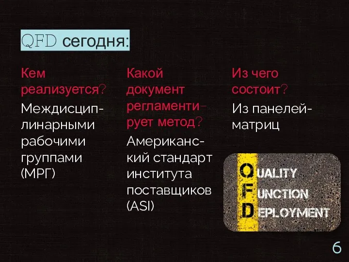 QFD сегодня: Кем реализуется? Междисцип-линарными рабочими группами (МРГ) Какой документ регламенти-рует метод?