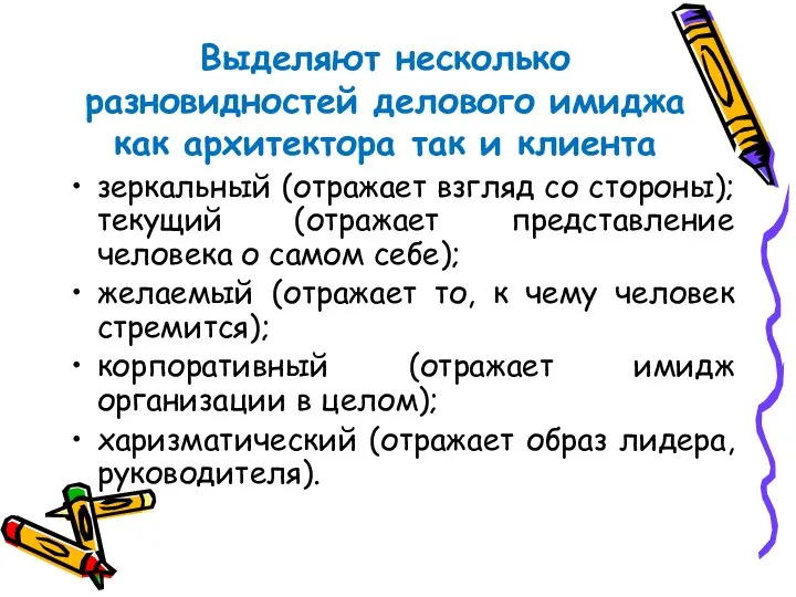 Выделяют несколько разновидностей делового имиджа как архитектора так и клиента зеркальный (отражает