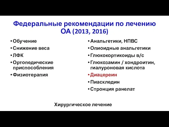 Федеральные рекомендации по лечению ОА (2013, 2016) Обучение Снижение веса ЛФК Ортопедические