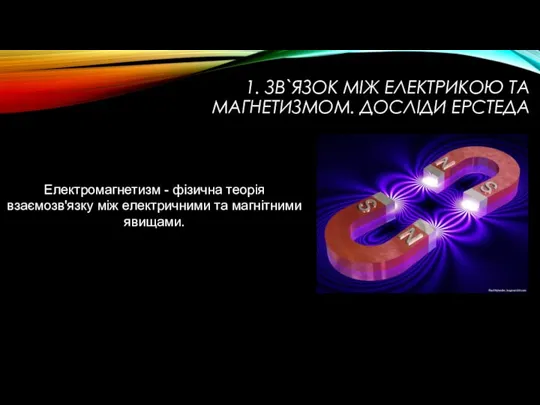 1. ЗВ`ЯЗОК МIЖ ЕЛЕКТРИКОЮ ТА МАГНЕТИЗМОМ. ДОСЛIДИ ЕРСТЕДА Електромагнетизм - фізична теорія