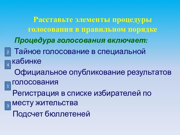 Расставьте элементы процедуры голосования в правильном порядке Процедура голосования включает: Тайное голосование