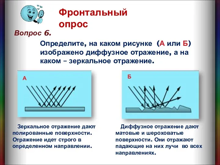 Вопрос 6. Фронтальный опрос Диффузное отражение дают матовые и шероховатые поверхности. Они