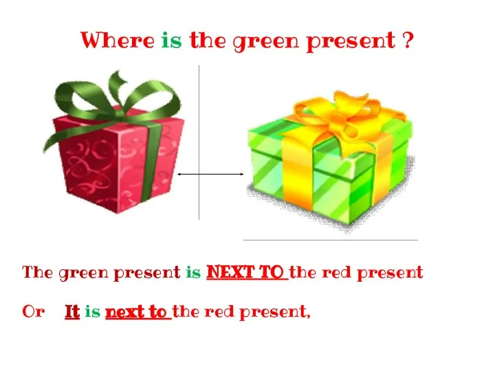 Where is the green present ? The green present is NEXT TO