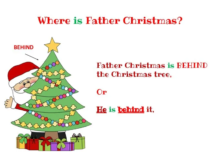 Where is Father Christmas? Father Christmas is BEHIND the Christmas tree, Or
