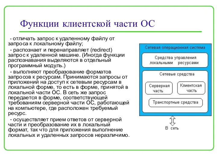 Функции клиентской части ОС - отличать запрос к удаленному файлу от запроса