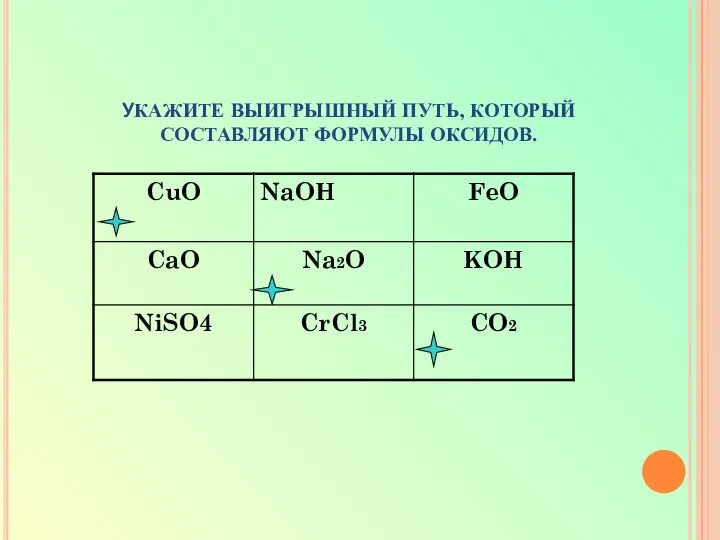 УКАЖИТЕ ВЫИГРЫШНЫЙ ПУТЬ, КОТОРЫЙ СОСТАВЛЯЮТ ФОРМУЛЫ ОКСИДОВ.