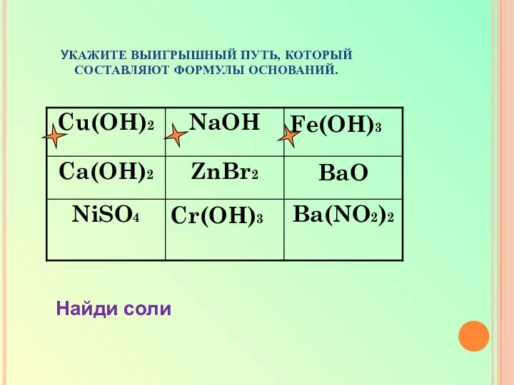 УКАЖИТЕ ВЫИГРЫШНЫЙ ПУТЬ, КОТОРЫЙ СОСТАВЛЯЮТ ФОРМУЛЫ ОСНОВАНИЙ. Найди соли