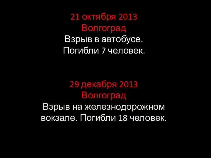 21 октября 2013 Волгоград Взрыв в автобусе. Погибли 7 человек. 29 декабря