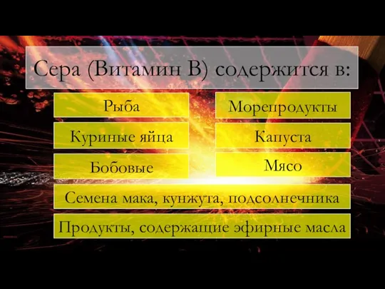 Рыба Морепродукты Капуста Сера (Витамин В) содержится в: Бобовые Куриные яйца Мясо