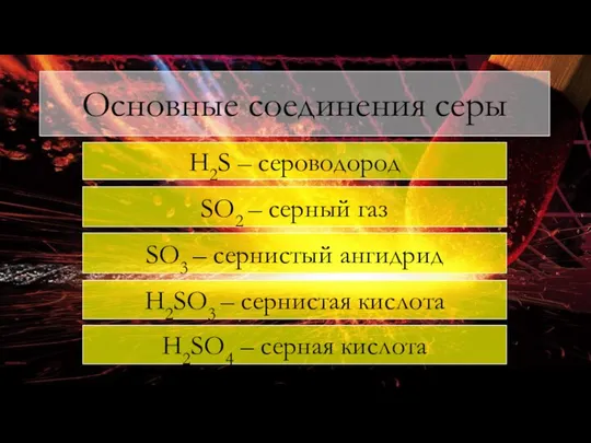 H2S – сероводород SO2 – серный газ H2SO3 – сернистая кислота Основные