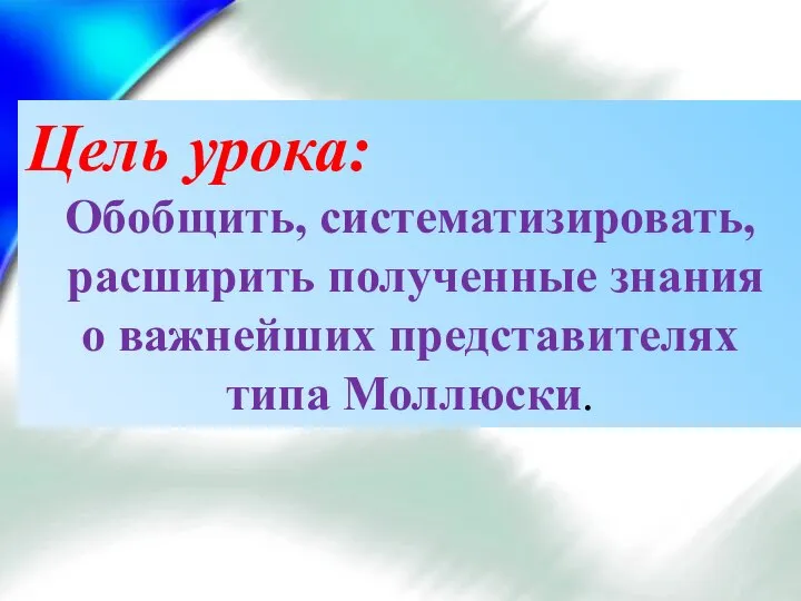 Цель урока: Обобщить, систематизировать, расширить полученные знания о важнейших представителях типа Моллюски.