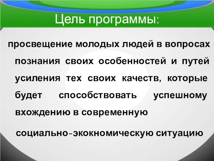 Цель программы: просвещение молодых людей в вопросах познания своих особенностей и путей