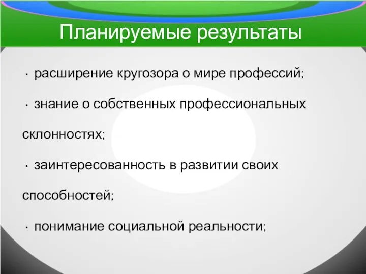 Планируемые результаты расширение кругозора о мире профессий; знание о собственных профессиональных склонностях;