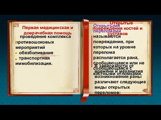 Первая медицинская и доврачебная помощь проведение комплекса противошоковых мероприятий обезболивание транспортная иммобилизация.