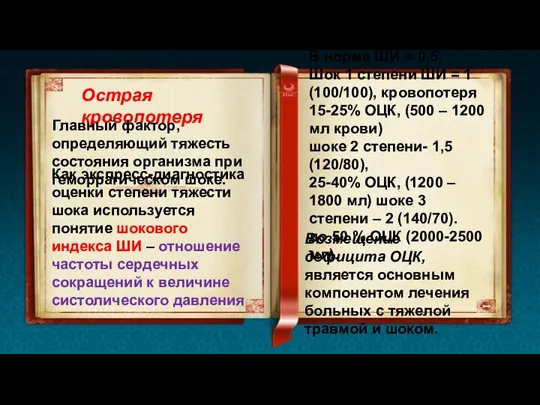 Острая кровопотеря Главный фактор, определяющий тяжесть состояния организма при геморрагическом шоке. Как