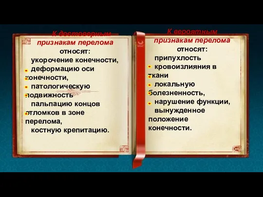 К достоверным признакам перелома относят: укорочение конечности, деформацию оси конечности, патологическую подвижность