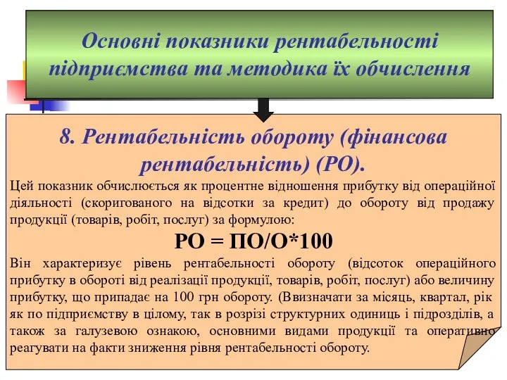 Основні показники рентабельності підприємства та методика їх обчислення 8. Рентабельність обороту (фінансова