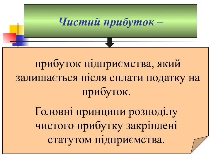 Чистий прибуток – прибуток підприємства, який залишається після сплати податку на прибуток.