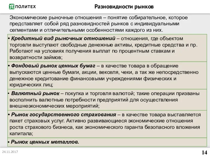 Разновидности рынков 14 Экономические рыночные отношения – понятие собирательное, которое представляет собой