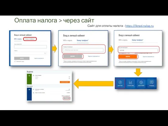 Оплата налога > через сайт Сайт для оплаты налога - https://lknpd.nalog.ru