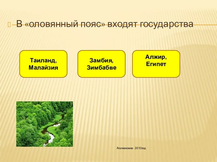 В «оловянный пояс» входят государства Таиланд, Малайзия Алжир, Египет Замбия, Зимбабве Атамановка 2013год