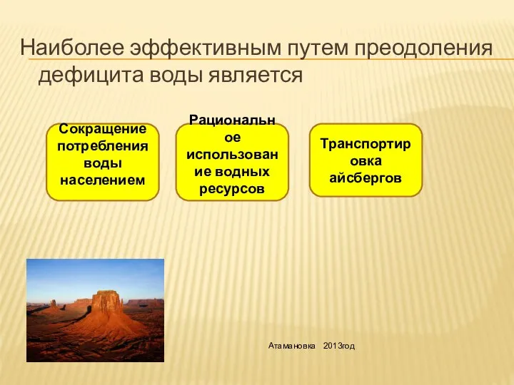 Наиболее эффективным путем преодоления дефицита воды является Атамановка 2013год Рациональное использование водных