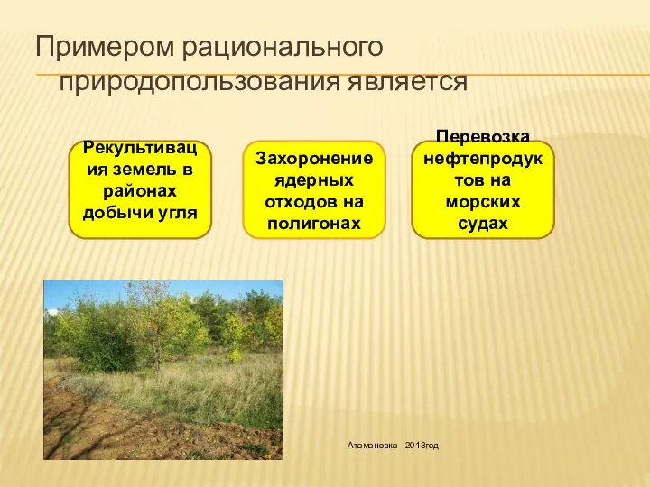 Примером рационального природопользования является Рекультивация земель в районах добычи угля Захоронение ядерных