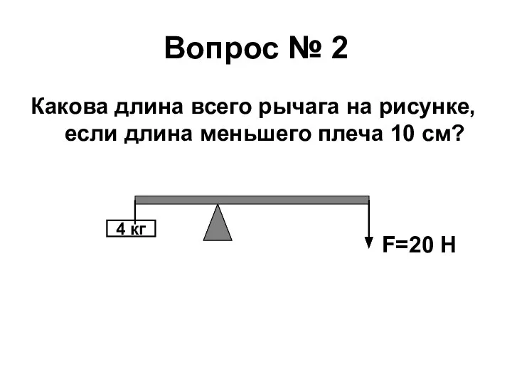 Вопрос № 2 Какова длина всего рычага на рисунке, если длина меньшего